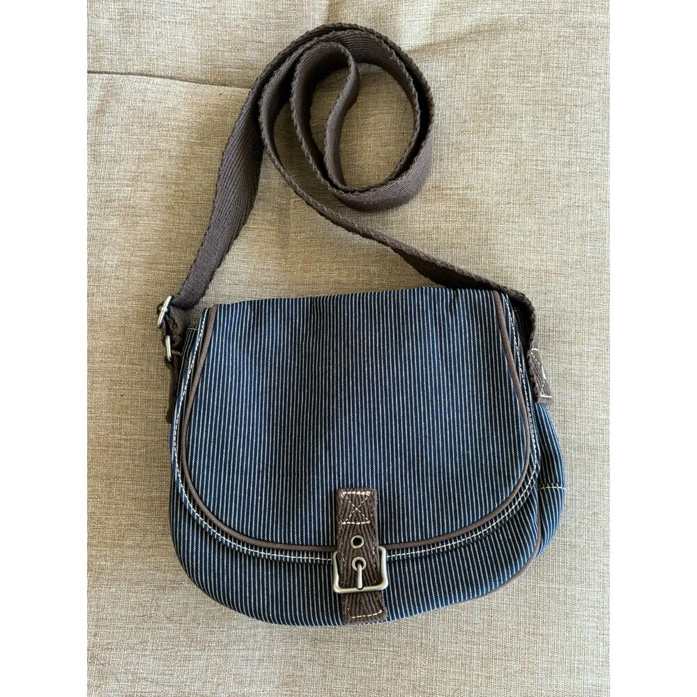 Thirty-One "Free To Be" Crossbody Bag Railroad Stripe Denim Canvas - Like New